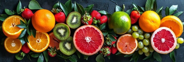 Fruits containing vitamin C: kiwi, strawberries, orange, grapefruit on a gray background, top view banner