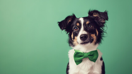 Cute dog with green bowtie on color background. St. Patrick's Day celebration, Space for text on the right, retro vintage style filters