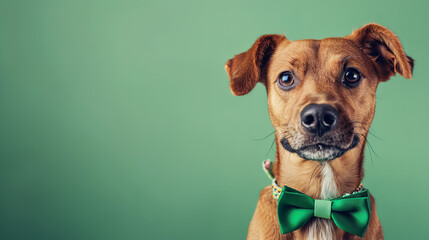 Cute dog with green bowtie on color background. St. Patrick's Day celebration, Space for text on...