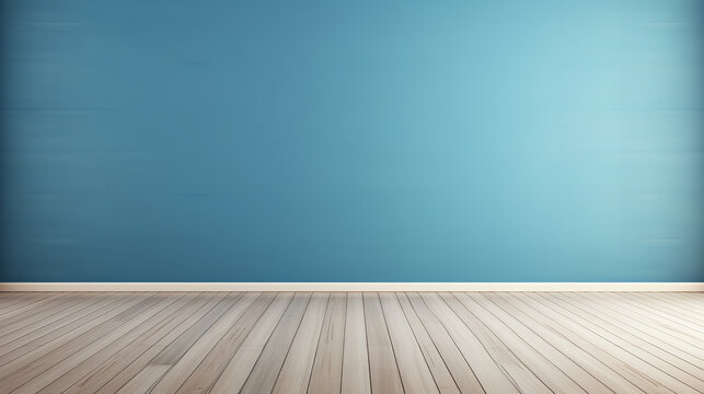 empty Sky Blue wall. dark brown wooden floor