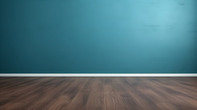 empty Sky Blue wall. dark brown wooden floor