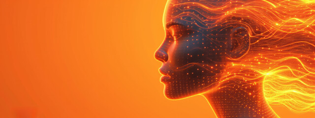 Radiance and Mystery, A Womans Head Emerges From a Vibrant Sea of Luminous Orange