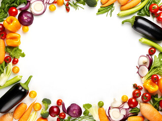 Frame of assorted fresh vegetables on white background with copy space