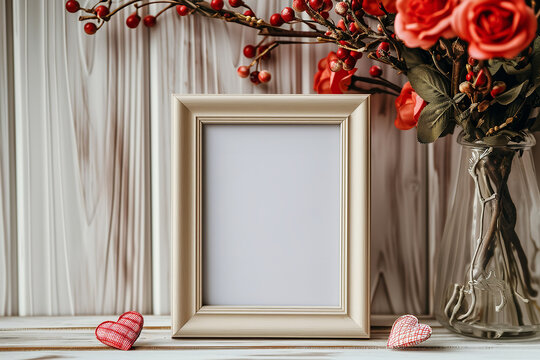 An empty photo frame with a Valentine's themed background
