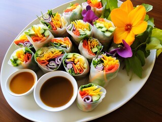 plate of colorful and refreshing summer rolls, filled with fresh vegetables and served with peanut dipping sauce