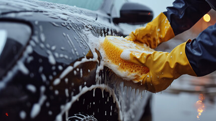 Worker washing car with car wash sponge - obrazy, fototapety, plakaty