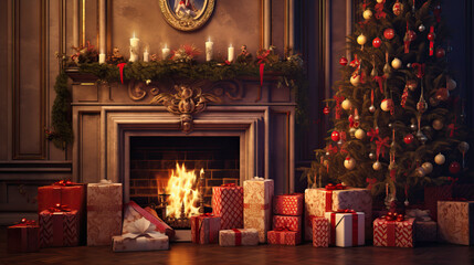 Cozy room with a New Year theme and a fireplace