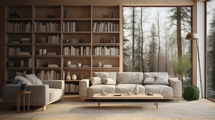 Large spacious room with a sofa, panoramic window and bookcase