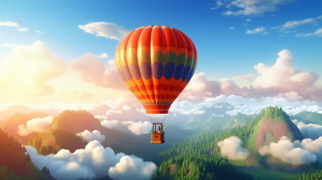 Hot Air Balloon with basket 3d render illustration