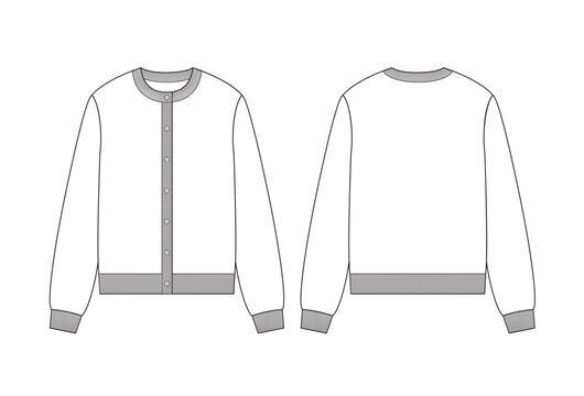 Vector fashion technical drawing of a round neck cardigan with front and back view. Ribbing detail at the neck, placket, cuff and bottom area. Knit fabric.