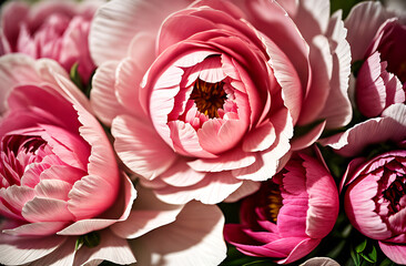 Pink peonies in close-up. A greeting card. Spring background. Valentine's Day, March 8, International Women's Day, Mother's Day.