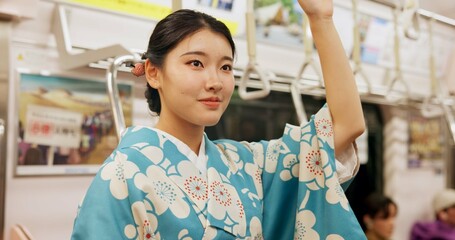 Woman, japan and train, kimono and travel with public transport, metro bullet in city. Person,...