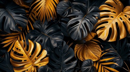 Gold and black tropical leaves on a black background