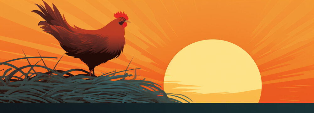 Rooster standing on sunset background, drawn picture, banner, generative AI