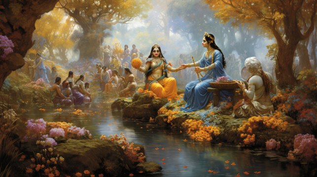 Krishna with the girls near the water, generative AI