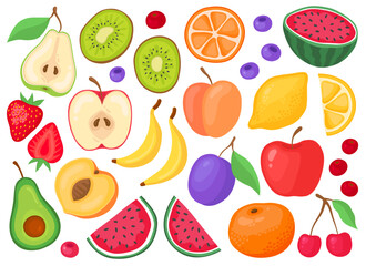 Various tropical fruits on a white background. Apple, peach, banana, pear, kiwi, watermelon, strawberry, lemon, orange, cherry, plum. Fruits and slices, summer illustration.
