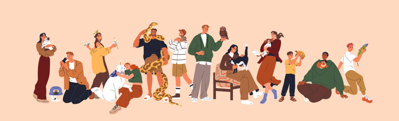 Pet owners, happy people with different animals. Me, women, kids volunteers, sitters holding and caring about cute cats, dogs, birds, parrot, hamster and turtle. Isolated flat vector illustration