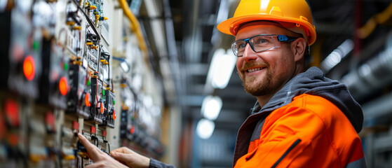 male commercial electrician at work on a fuse box in factory, adorned in safety gear,genertative ai - obrazy, fototapety, plakaty