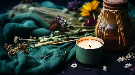 Captivating Bohemian Workspace: Feminine Elegance on a Cozy Green Background with Macrame Handbag, Candle, and Dried Flowers