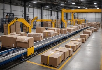Modern Automated Logistics Warehouse with Working Conveyor Belt System with Online Shopping Orders Being Handled for Shipping to Customers from Generative AI