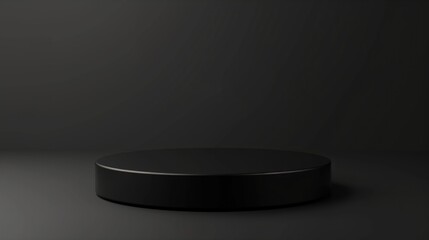Empty round cylinder platform for product presentation on dark background. Minimal black podium product stage.