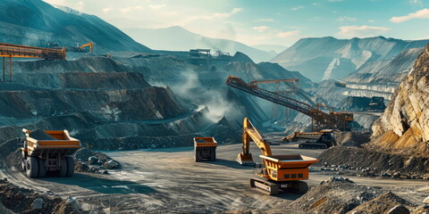 mining activity with excavators, trucks and conveyor belts in a harsh industrial landscape. Generative AI - obrazy, fototapety, plakaty