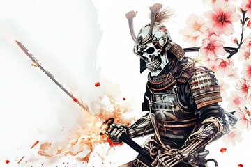 a skeleton in traditional Japanese samurai armor with a huge katana sword, cyberpunk version, magnificent pose, white background, flower patterns, manga drawing, dark soul atmosphere. generative AI