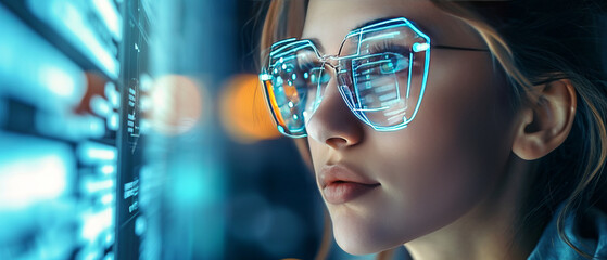 Portrait woman wearing high technology glasses with Data line icon on eyeglasses on woman's face, generative ai