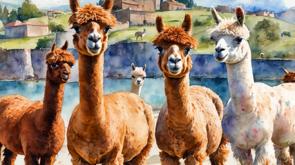 watercolor Funny alpaca team group dressed in colorful suits