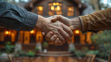 residential house businessman banker shake hand with customer after successful agreement and signing house contract, real estate concept ,generative ai. - obrazy, fototapety, plakaty