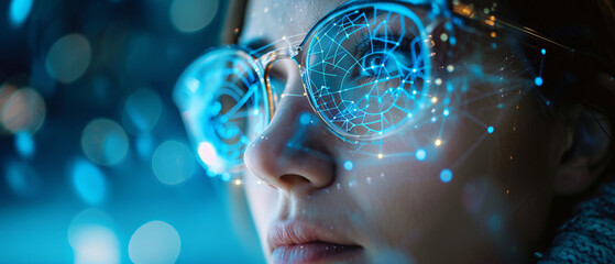 Portrait woman wearing high technology glasses with Data line icon on eyeglasses on woman's face, generative ai