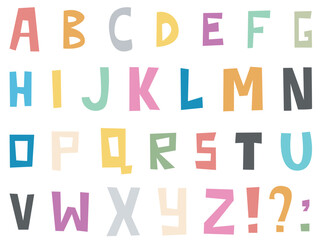 English alphabet random cut out letters. Simple multicolored simple letters of newspaper print or magazine. Capital letters abc, isolated vector illustration