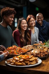 Fototapeta premium Colleagues from different ethnicities savoring a variety of dishes during a multicultural office lunch break, Generative AI