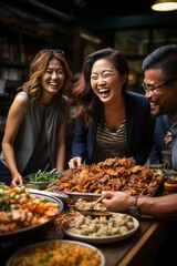 Colleagues from different ethnicities savoring a variety of dishes during a multicultural office lunch break, Generative AI