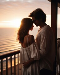 Young couple on a balcony at sunset