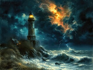 Lighthouse in stormy sea with lightning and thunder, digital painting - obrazy, fototapety, plakaty