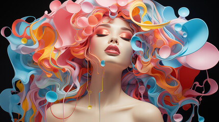 Fototapeta premium A digital art portrait of a woman with liquid-like multicolored hair and glossy makeup, symbolizing creativity and beauty. 