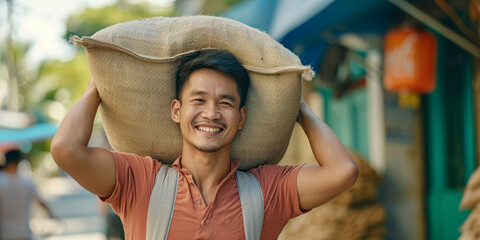 A young man carrying heavy sack of rice on his shoulder - Powered by Adobe