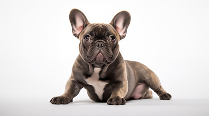 photograph french bulldog puppy in sleeping position on white background 