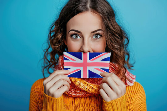 A female English speaker with a British flag