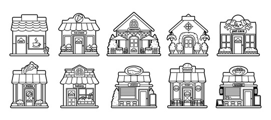 Food store outline sketch vector illustration set