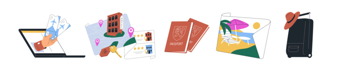 Summer holiday travel set. Air tickets, accommodation on map, passports, sea resort photo, suitcase. Tourists hotel, tour documents, luggage. Flat vector illustrations isolated on white background