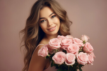 A happy young girl of model appearance with luxurious long hair holds in her hands a large bouquet of pink roses on a light background. spring banner template. A bouquet as a gift, a flower shop.