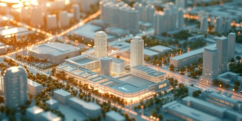 White Modern Architectural Model City Realism Render in Bird's-Eye View Background - The City consists of Bright Glass with Light and Shadow created with Generative AI Technology - obrazy, fototapety, plakaty