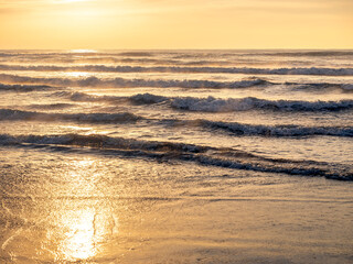 Fototapeta na wymiar 砂浜から見る朝陽に金色に輝く荒々しい海