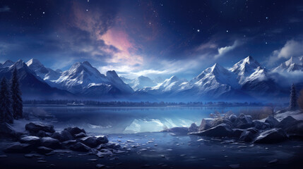 Serene Night Landscape with Milky Way over Snow-Capped Mountains