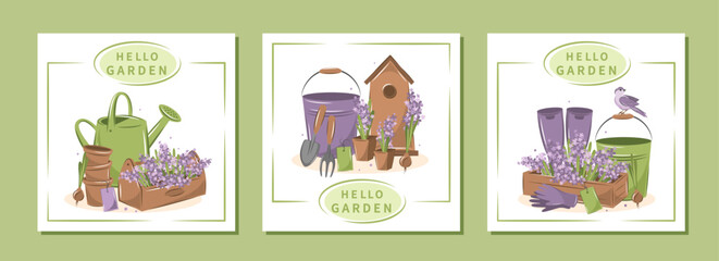 Set of tools for gardening and growing plants. Agricultural tools. Hello garden.  Vector illustration Isolated on white.