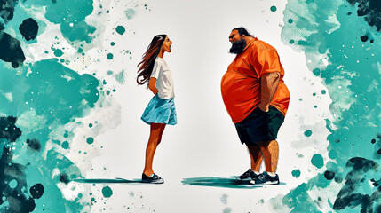 Graphic Depiction of a Thin Long-Haired Woman in a Short Skirt Arguing with a Stout Bearded Man in Shorts - obrazy, fototapety, plakaty