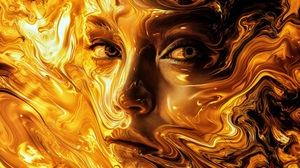 Astonished Face of a Young Woman Emerging in a Liquid of Golden Streaks and Swirls