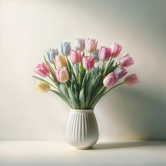 Vase with a bouquet of delicate tulips